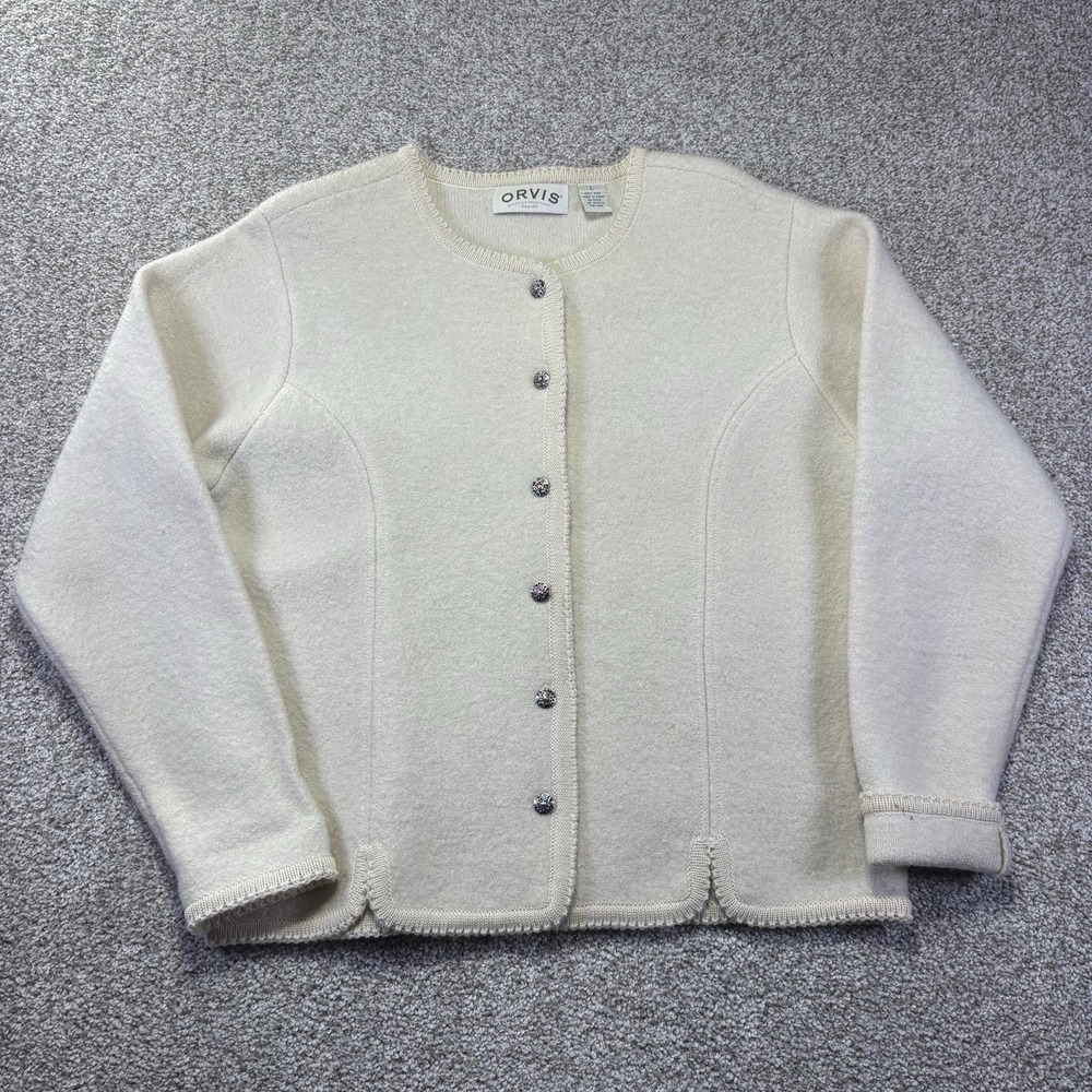 Orvis Sweater Womens Large White 100% Wool Button Cardigan Crew Neck Knit